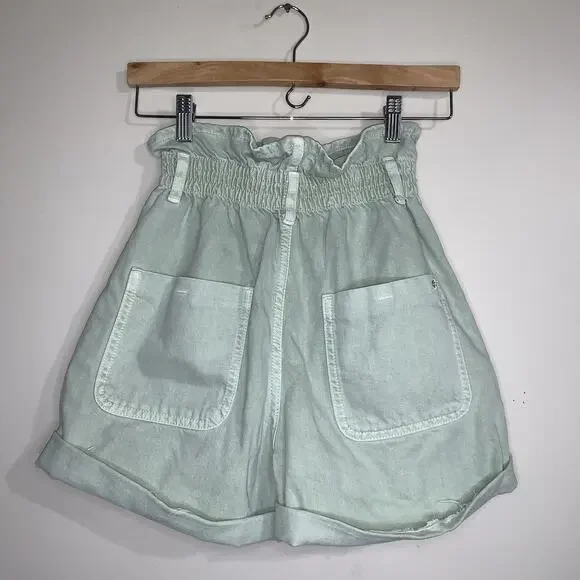 ZARA High Waisted Pastel Green 100% Cotton Women Paper Bag Shorts Size US 2 - Picture 3 of 10